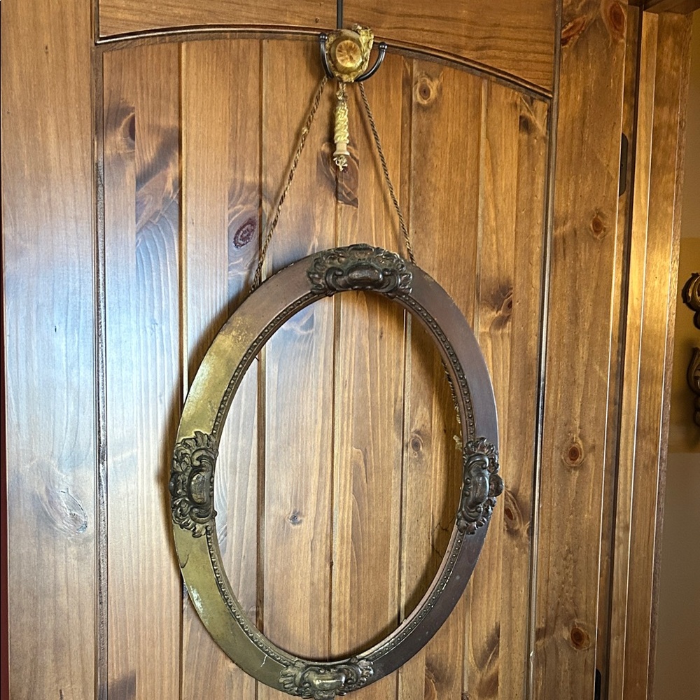 Large Antique Oval Gold and Brown Wooden Frame with Original Rope Hanger
